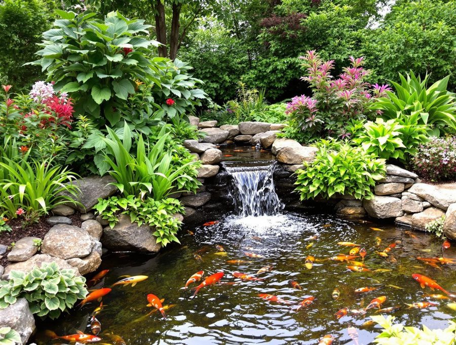 Koi pond with waterfall built by The Deck and Patio Company on Long Island
