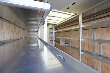 Long-run shelves for pipe storage. 