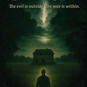 Dark scene with a person facing a house under ominous clouds.
