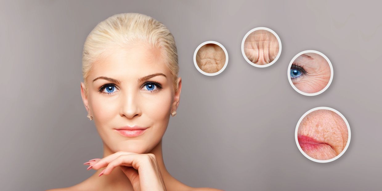 Mature lady looking fresh next to 4 separate images of aged skin areas such as eyes, mouth and head 