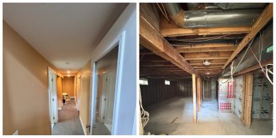 Comparison of a finished hallway and an unfinished basement.