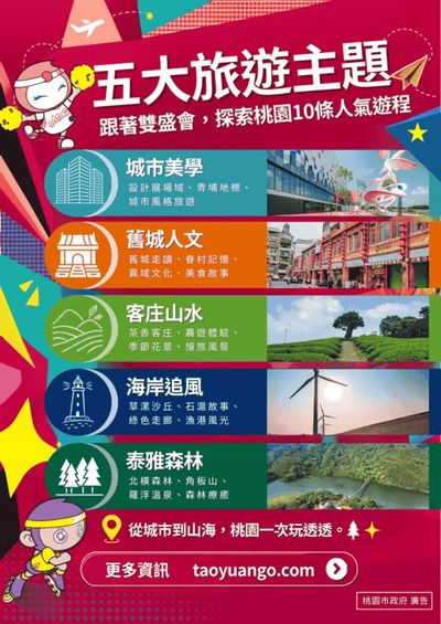 五大旅遊主題，探索桃園人氣遊程。