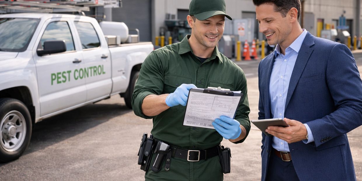 Pest control worker discussing paperwork with a client outdoors.