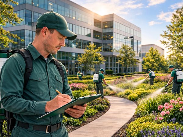 Landscapers spraying plants and taking notes in a garden near office buildings.