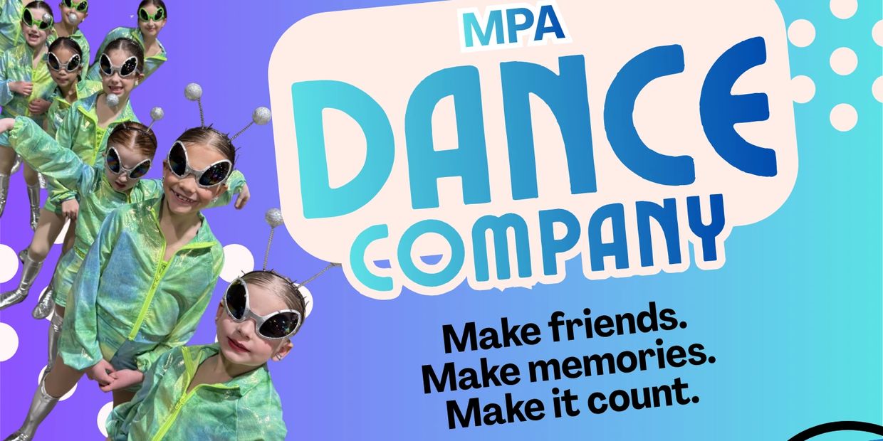 Young dancers in green alien-themed costumes promoting MPA Dance Company.