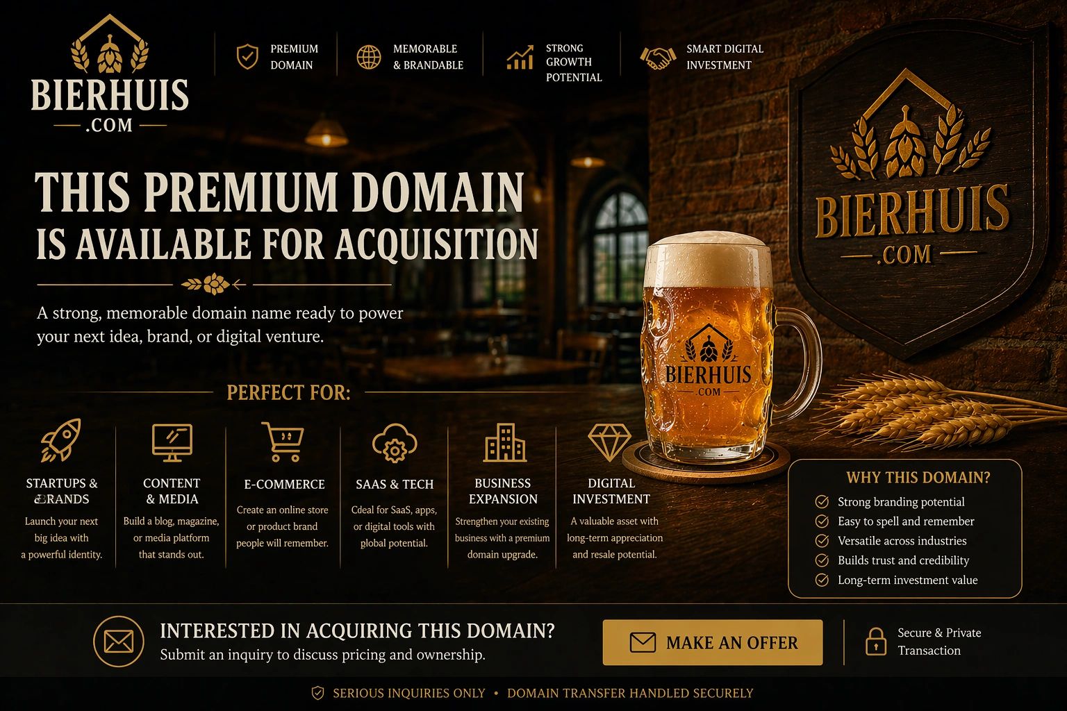 Premium beer domain landing page for Bierhuis.com with brewery branding and acquisition offer