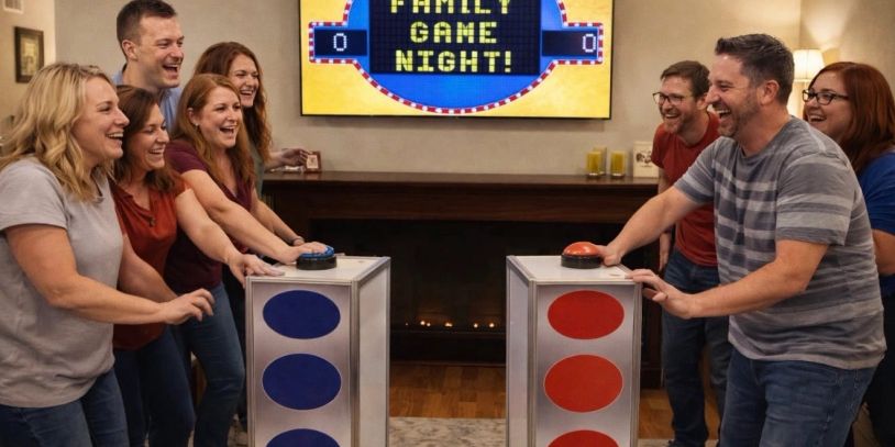 Two teams enjoying a lively family game night with buzzers and scoreboards.