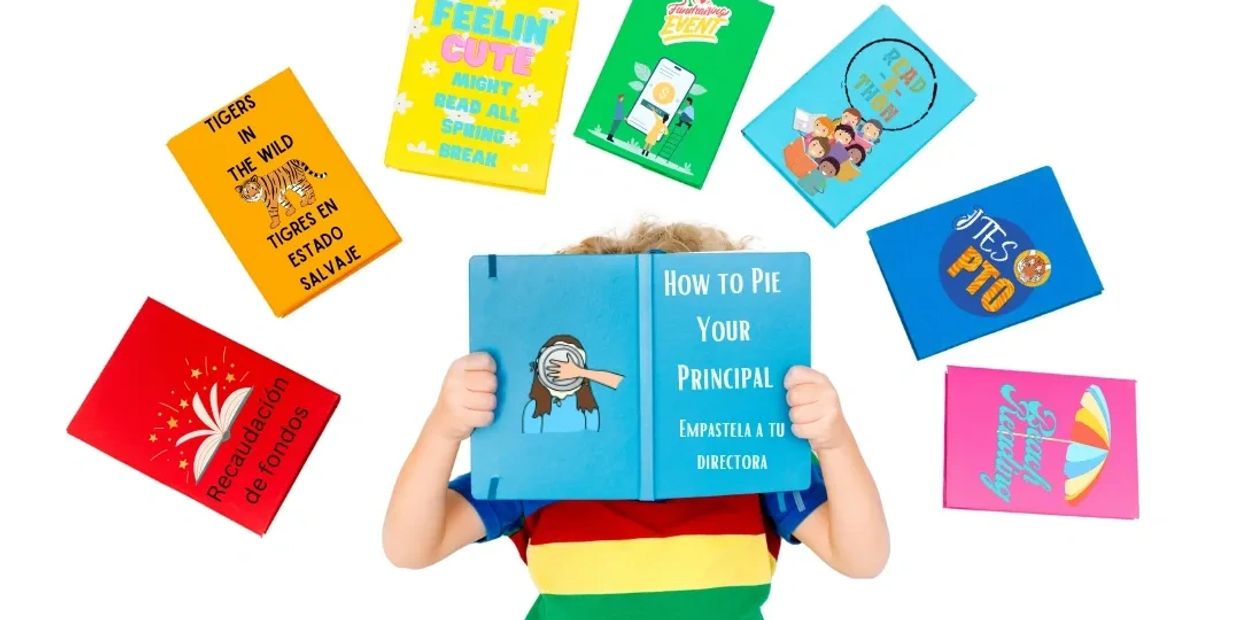 Child holding a book titled 'How to Pie Your Principal' surrounded by colorful books.
