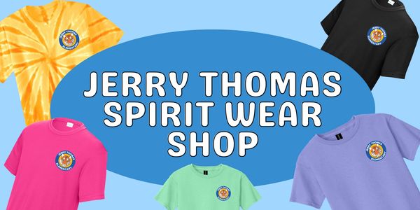 Colorful Jerry Thomas spirit wear T-shirts surrounding a blue oval with shop name.