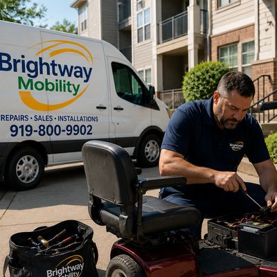 Technician repairing a mobility scooter outside a residential building next to a Brightway Mobility van.