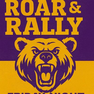 Bold roaring bear logo with 'ROAR &amp; RALLY' text in purple and gold.