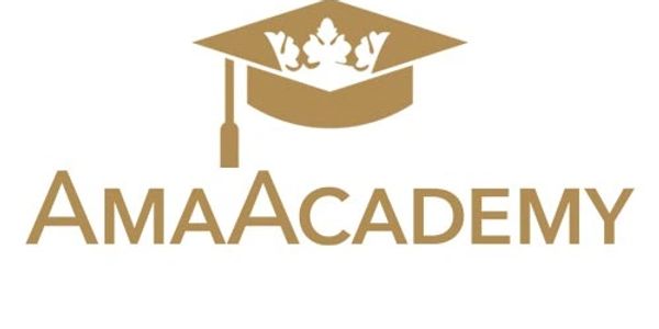 Gold graduation cap with a tassel and decorative pattern above the text AmaAcademy in matching gold 