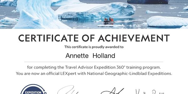 A certificate of achievement awarded to Annette Holland for completing the Travel Advisor Expedition