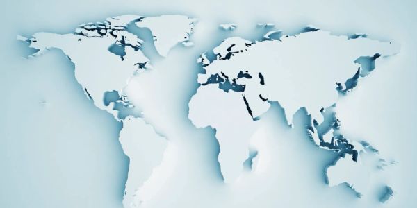 Stylized world map in light blue and white.
