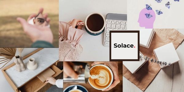 Collage of peaceful moments with coffee, reading, and creativity under the theme 'Solace.'