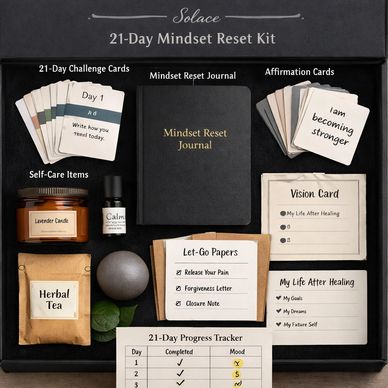 Solace 21-Day Mindset Reset Kit with challenge cards, journal, affirmation cards, and self-care items.