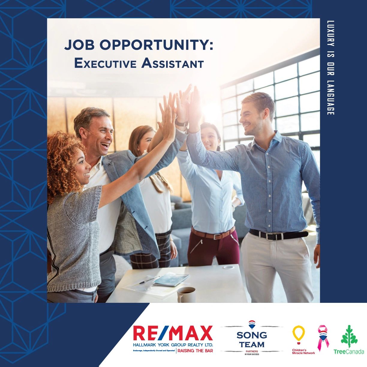 Team celebrating job opportunity for Executive Assistant at RE/MAX.