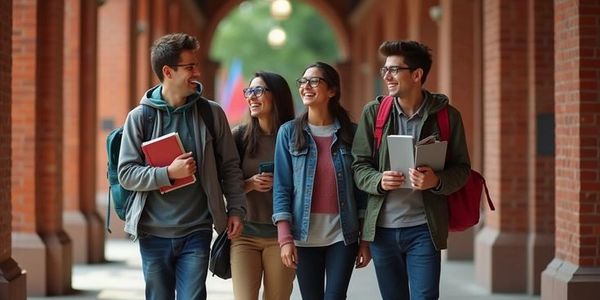 Four students walking and chatting happily on campus.