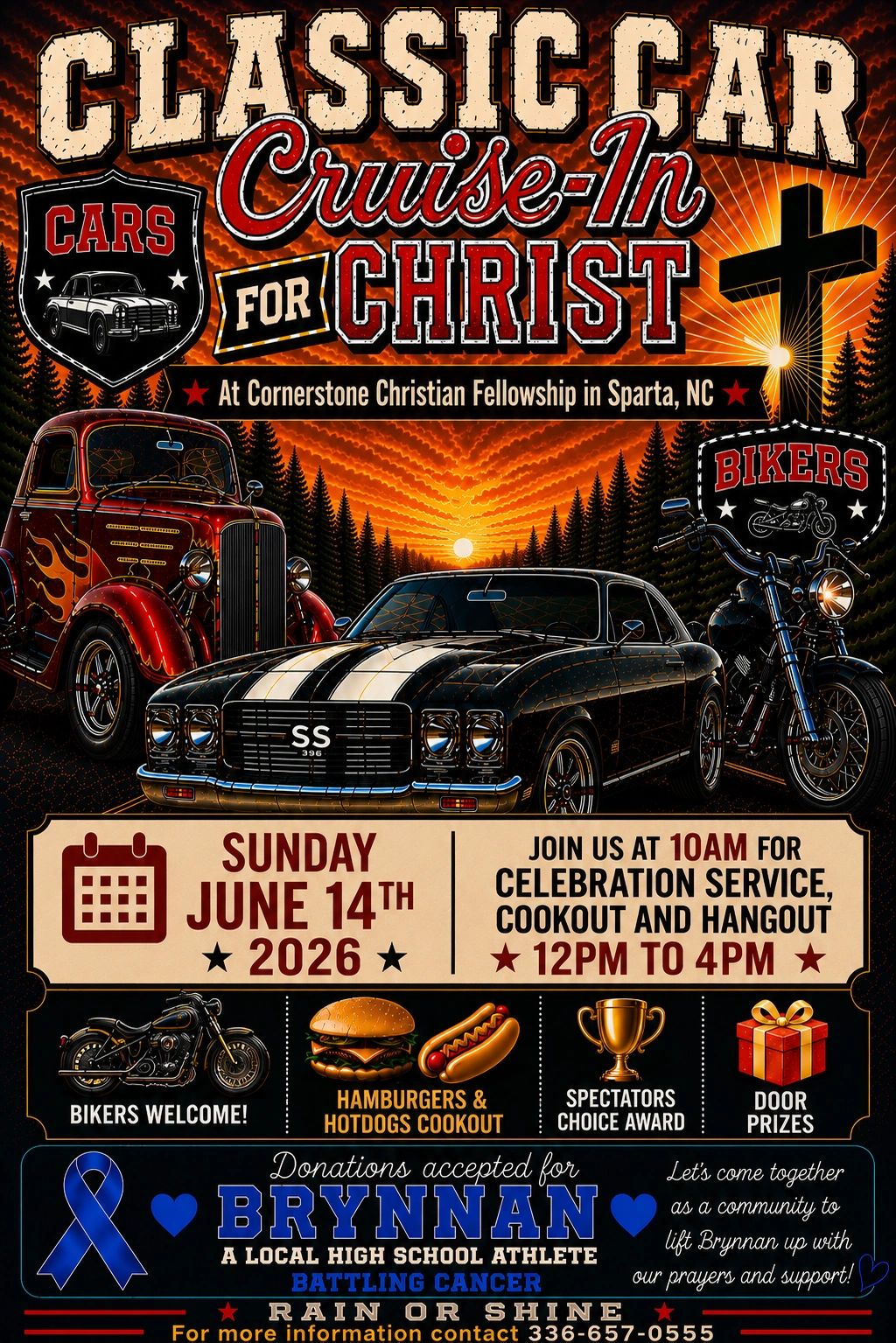 Classic Car Cruise-In for Christ event poster with vintage vehicles and details.