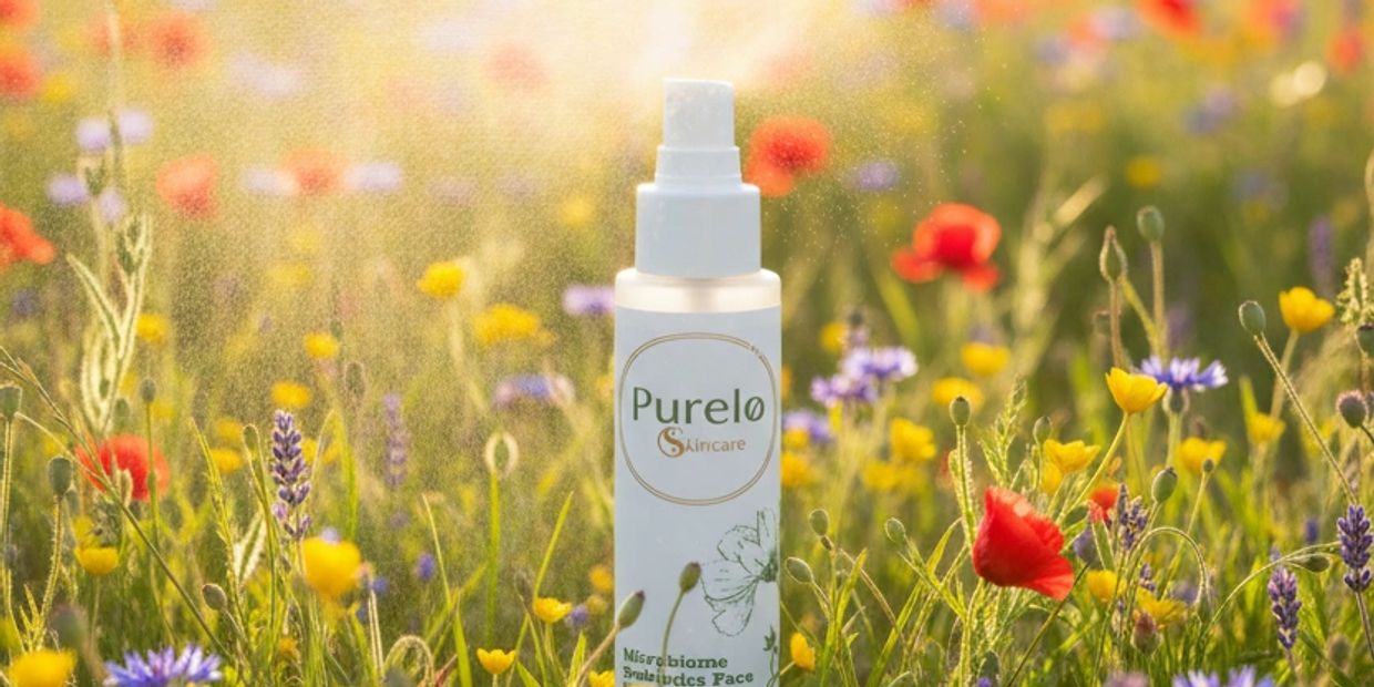 Skincare spray from Purelo in a vibrant wildflower field.