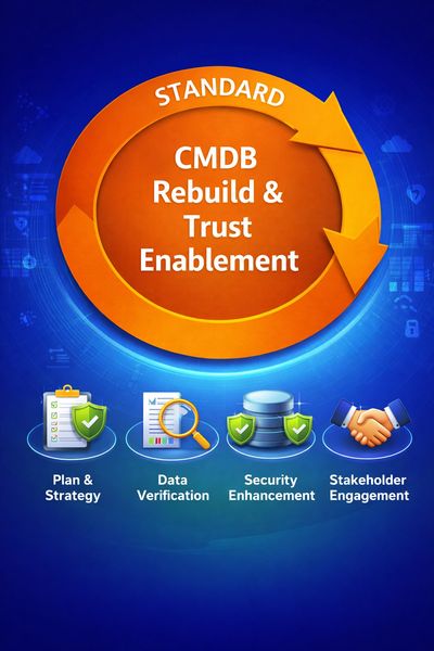 Diagram illustrating CMDB Rebuild & Trust Enablement with key steps like Plan, Data Verification, Security, and Stakeholder Engagement.