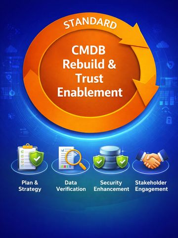 Diagram illustrating CMDB Rebuild & Trust Enablement with key steps like Plan, Data Verification, Security, and Stakeholder Engagement.
