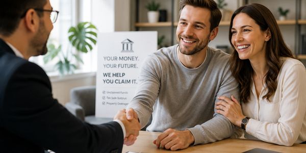 Couple shaking hands with advisor about financial claim.