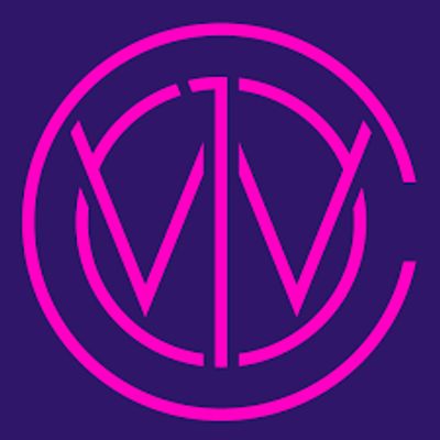 A vibrant pink circular logo with stylized initials on a dark purple background.