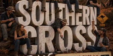 People interacting around large Southern Cross sign.