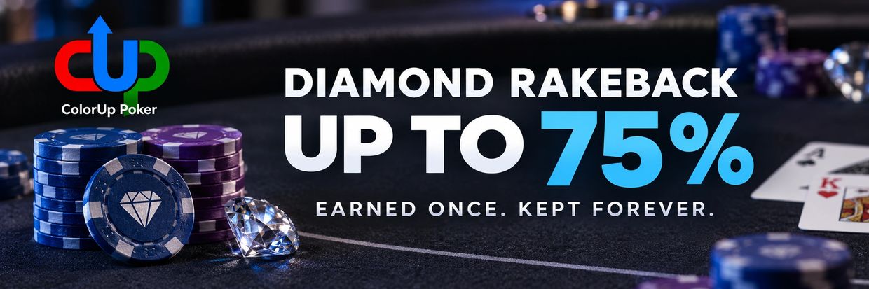 Poker chips and cards promoting 75% diamond rakeback on ColorUp Poker.