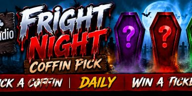 Fright Night Coffin Pick game banner with colorful coffins and a spooky theme.