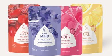 Colorful wellness supplement pouches labeled for liver, mind, body, and gal health.