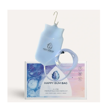 Happy Bum Bag enema kit with silicone bag and tubing.