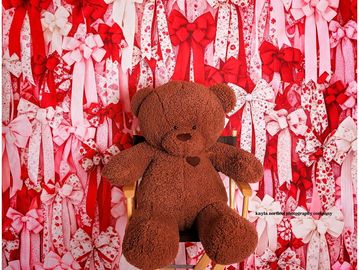 A teddy bear sitting in front of a wall of pink and red bows.