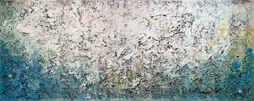 Abstract textured painting with white and blue tones.