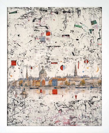 Abstract cityscape with colorful geometric shapes.