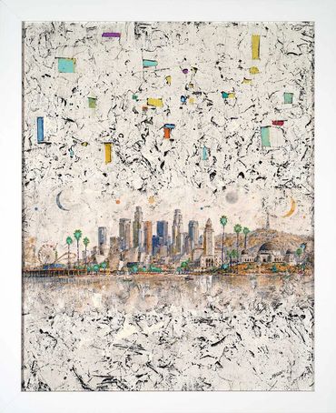 Abstract cityscape with textured background and colorful geometric shapes.