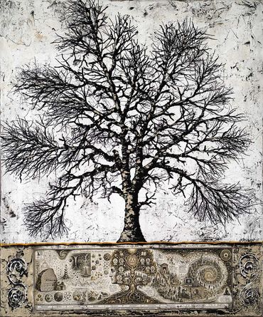 Intricate black tree with detailed roots and abstract designs below.
