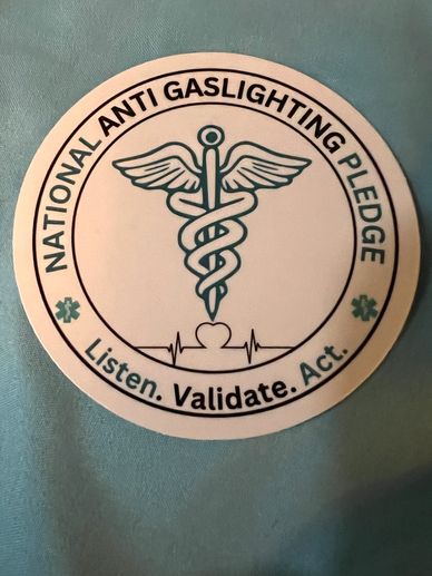 Sticker of the National Anti Gaslighting Pledge with medical symbol and heartbeat.