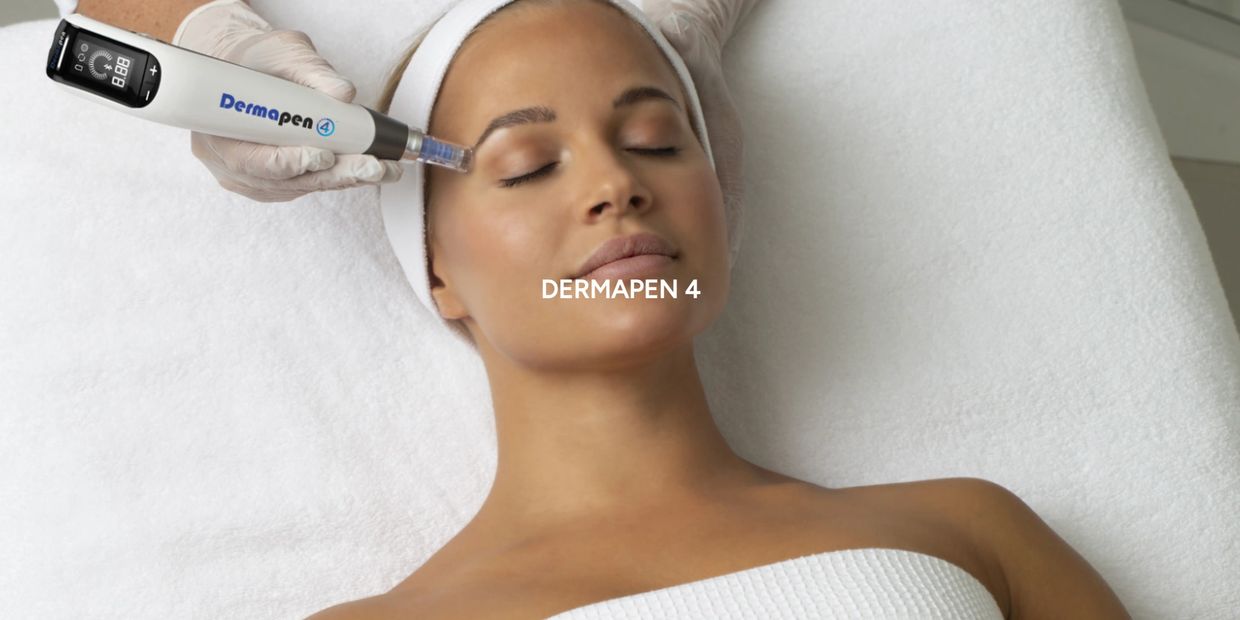 Woman receiving a Dermapen 4 microneedling facial treatment at a spa.