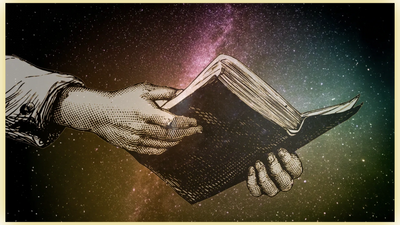 Hands from heaven holding a Bible.  The Word of God Speaks.