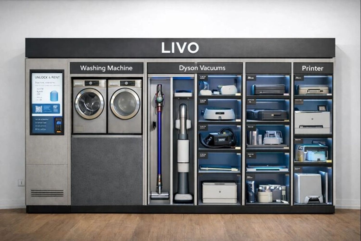 Smart vending machine offering washing machines, Dyson vacuums, and printers for rent.