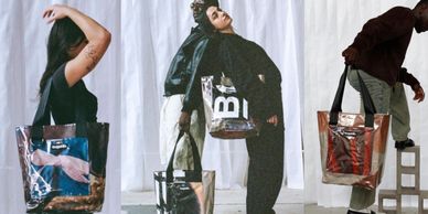People showcasing large transparent tote bags with various contents.