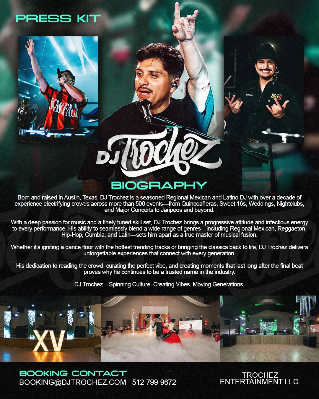 DJ Trochez press kit highlighting his biography and booking contact.
