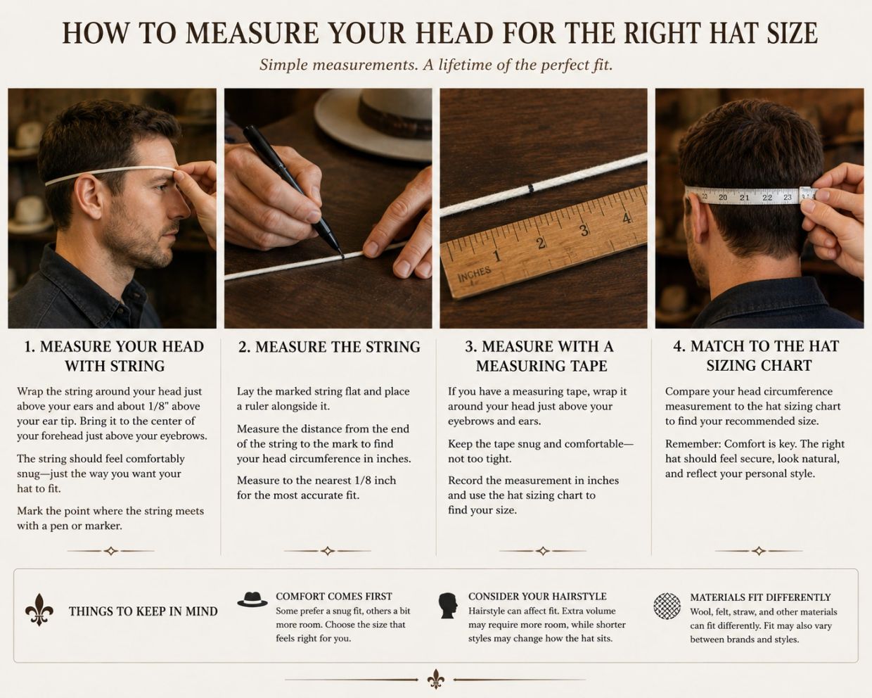 Steps to measure your head for the perfect hat size.