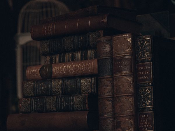 Books with worn spines arranged quietly in low interior light.