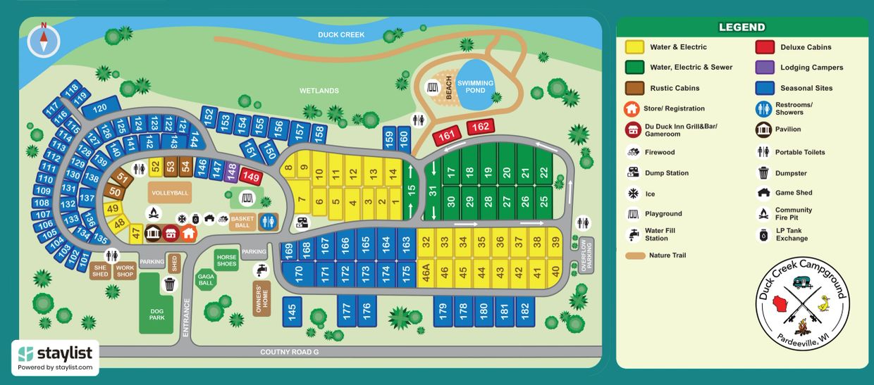 Map of Duck Creek Campground with site types, amenities, and trails.