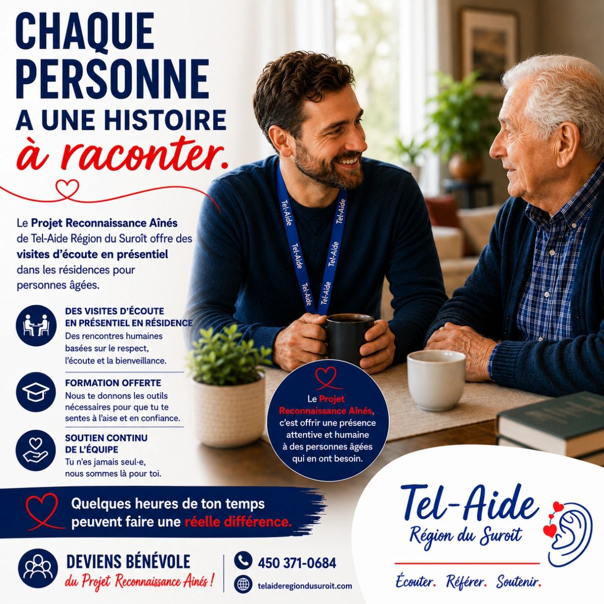 Un homme écoute un aîné avec attention dans une campagne de bénévolat.