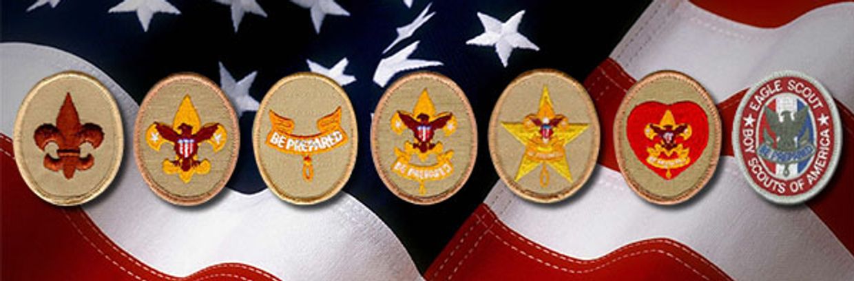 A lineup of Boy Scouts of America patches against an American flag background.