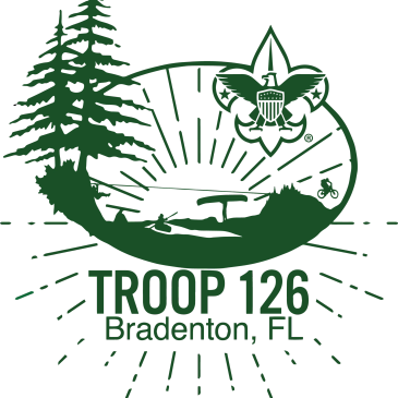 Logo for Troop 126 in Bradenton, Florida, featuring a tree, fleur-de-lis, and sunrise.